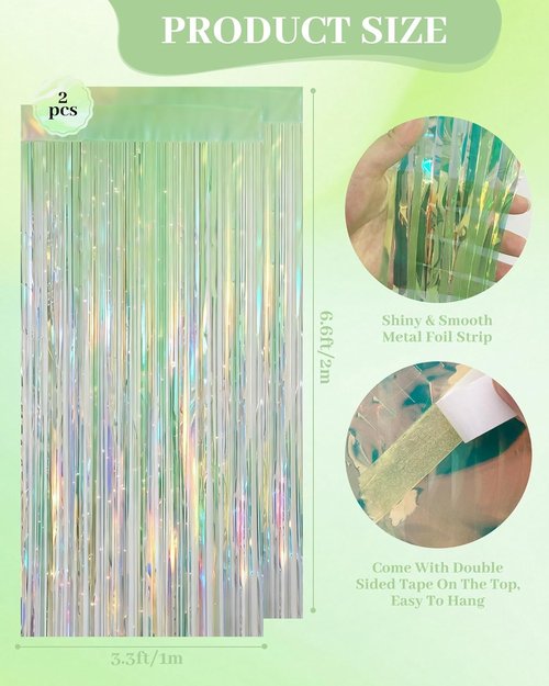 Iridescent Green Party Streamers Backdrop - 2 Pack Neon Holographic Tinsel Fringe Curtain | 3.31 x 6.6 ft