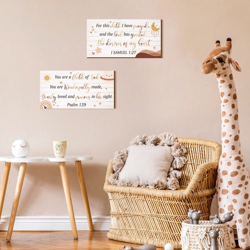 Yookeer 2 Pcs Wood Nursery Wall Decor for Girls Boys Baby Girl Room Decor Nursery Christian Wall Art This Child I Have Prayed Bible Quote Hanging Sign for Kids Home 12 x 6 Inch(Cute)