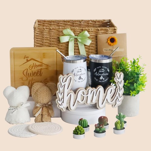 House Warming Gifts New Home, 18 Pcs Housewarming Gifts Basket New Home Gift Ideas, Faux Plants Scented Candles Home Sweet Home Bamboo Cutting Board for Couple Women Men, Closing Gifts for Home Buyers