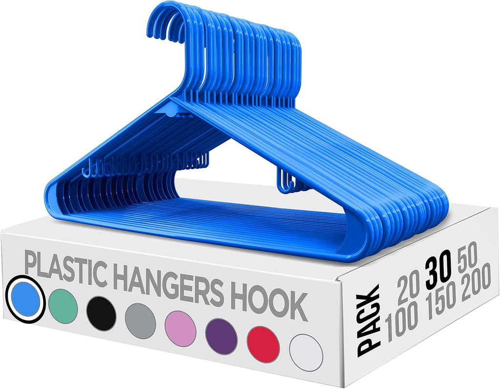 Utopia Home Plastic Hangers - Durable Space-Saving Clothes Hangers with Hooks | 30 Pack (Blue)