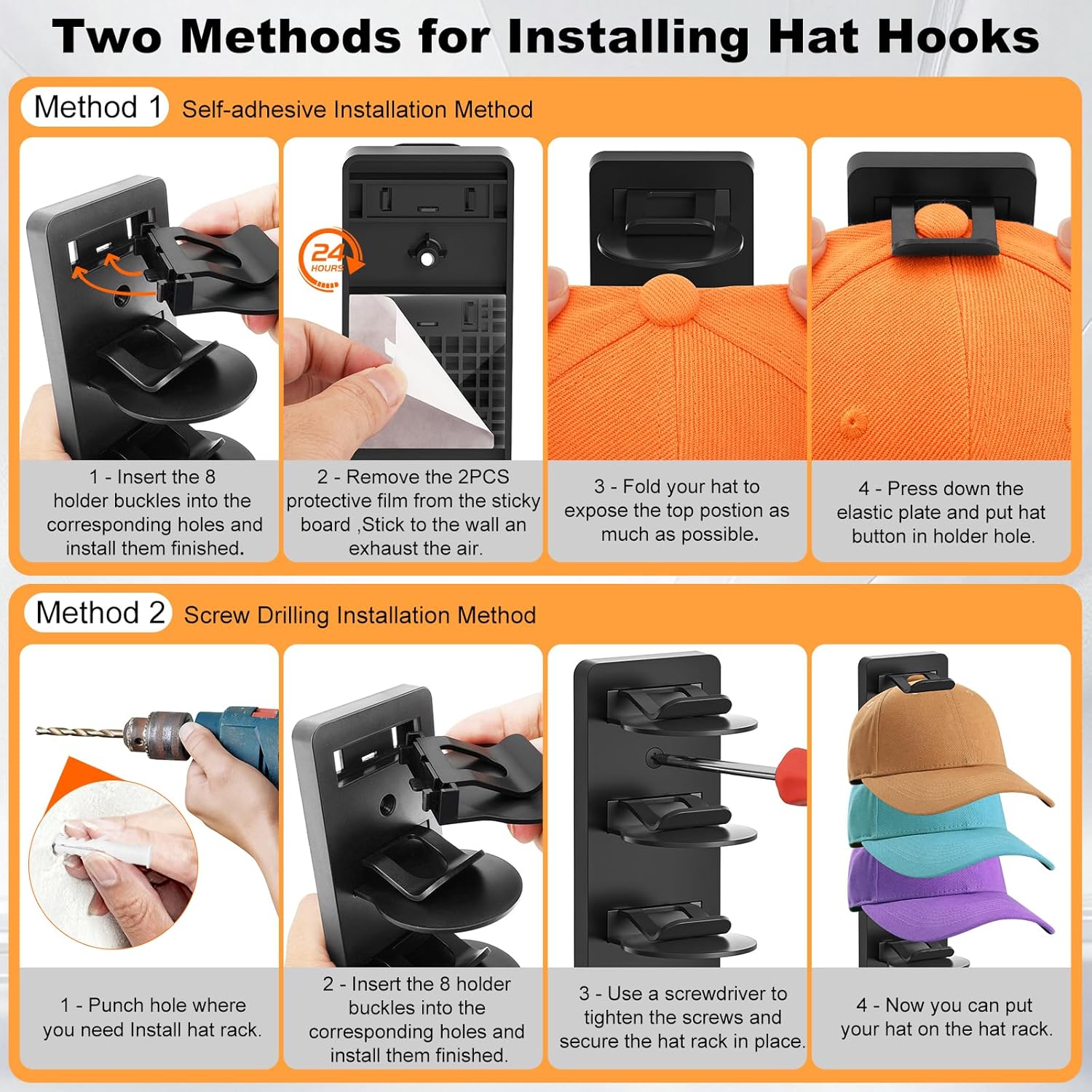 Skiennix Hat Organizer - 2 Pack Baseball Cap Rack with Strong Adhesive & Screw-In Holders | Ideal for Closet & Bedroom
