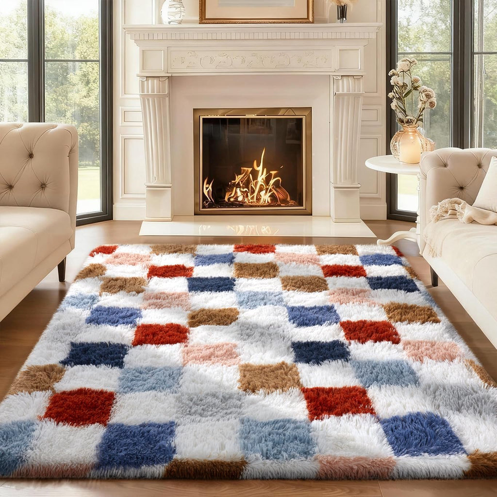 Ophanie Checkered Rainbow Rug - Colorful Fluffy Shag Area Rug for Living Room & Bedroom | 4x6 Furry Carpet
