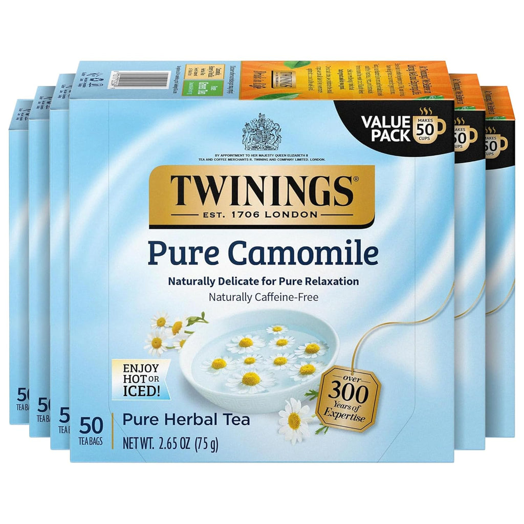 Twinings Pure Camomile Herbal Tea - Caffeine-Free, 50 Individually Wrapped Bags | Pack of 6, Perfect Hot or Iced