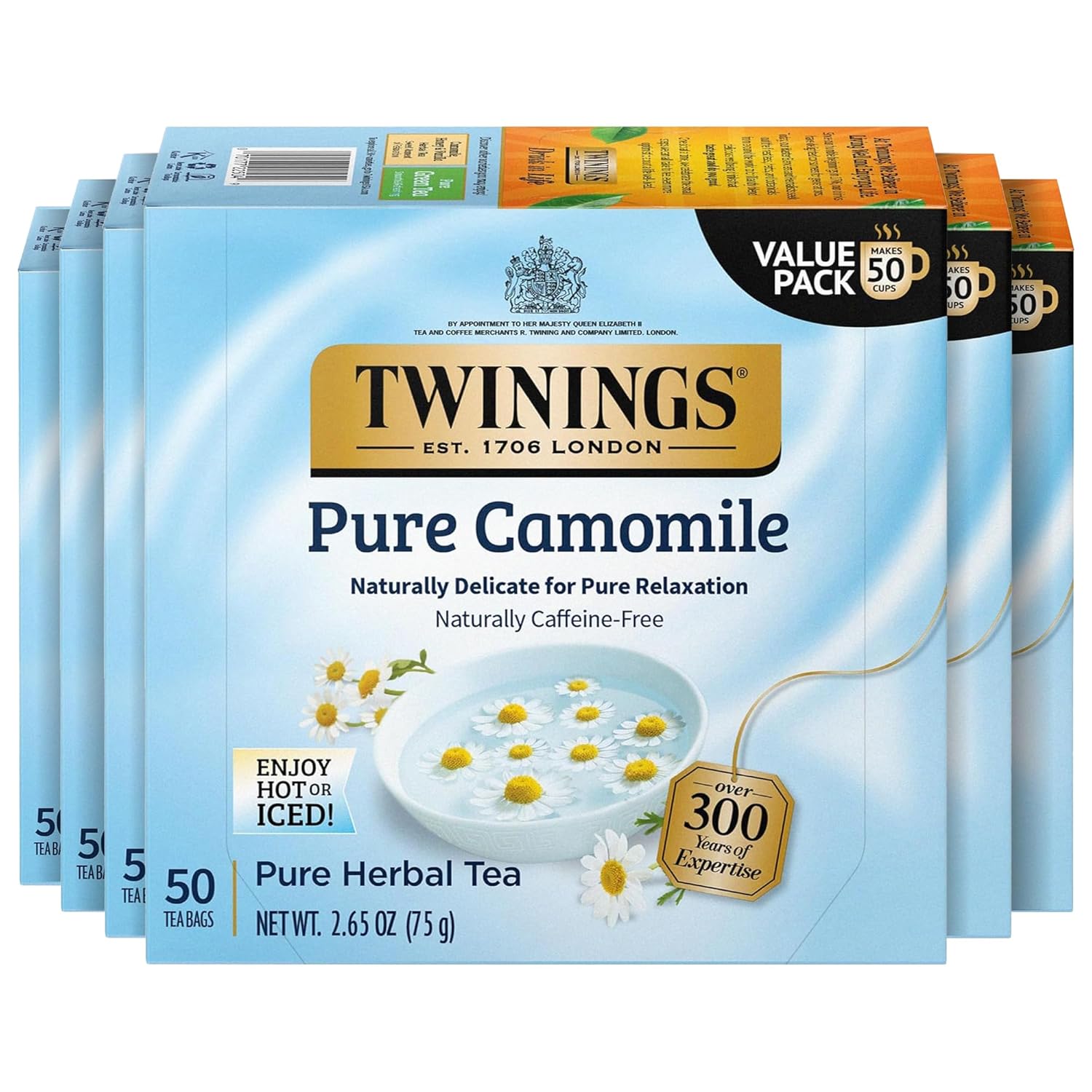 Twinings Pure Camomile Herbal Tea - Caffeine-Free, 50 Individually Wrapped Bags | Pack of 6, Perfect Hot or Iced