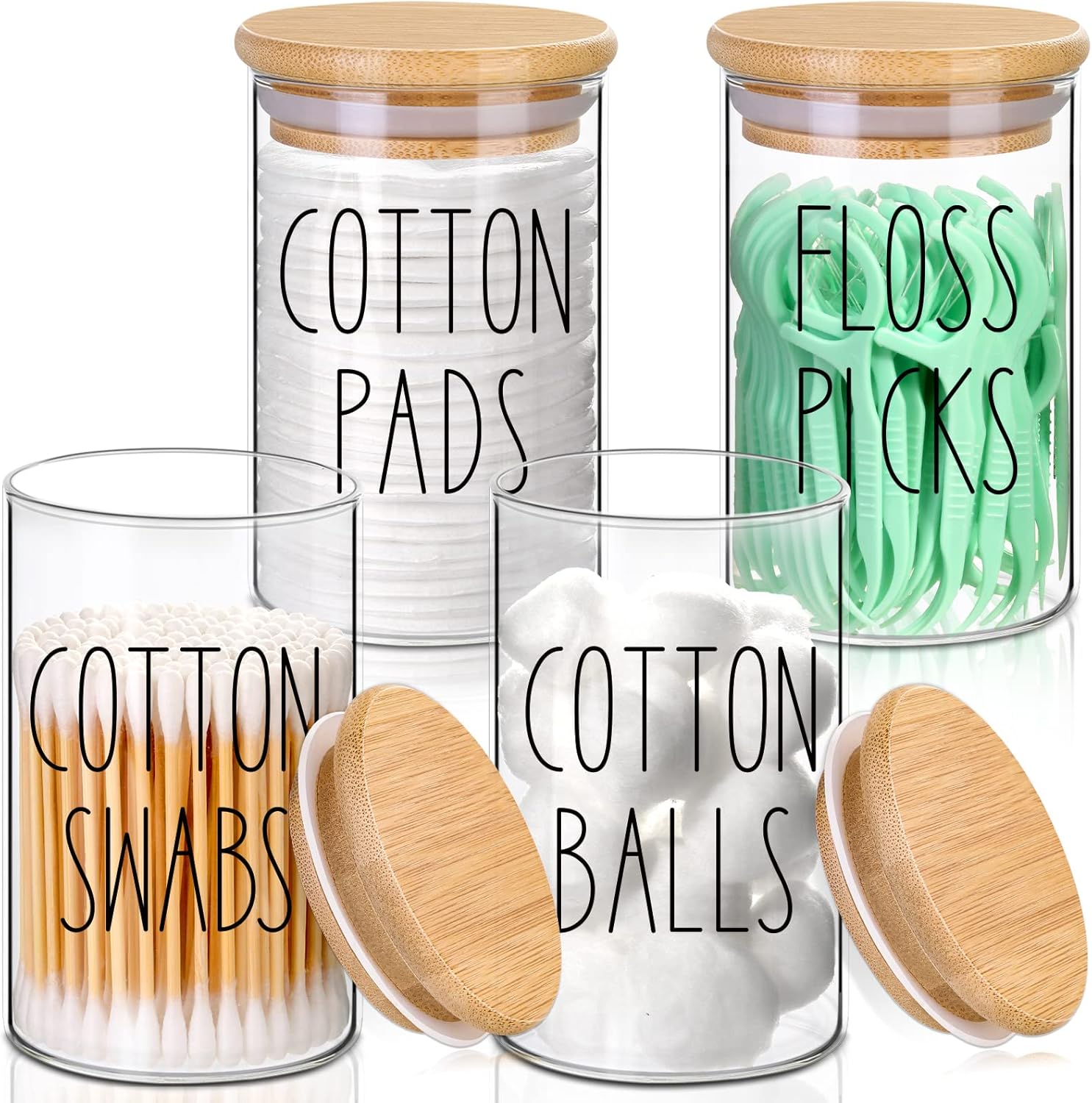 ROADPLUM Qtip Holder Bathroom Set - 4 Pack 10 oz Glass Jars with Lids for Cotton Balls & Makeup Storage