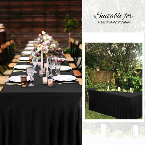 4 Pack 6Ft Spandex Table Skirts Black Stretch Tablecloth with Skirt for 6 Foot Rectangle Tables, One-Piece Wrinkle Resistant Fitted Stretchable Table Covers for Wedding Party Banquet Trade Show