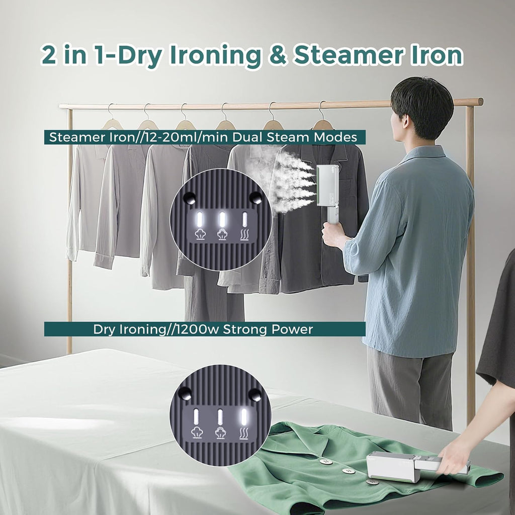 Skiennix 1200W Portable Travel Steamer - Dual Voltage Mini Clothes Iron, Fast 15s Heat-Up, Foldable Design, Green