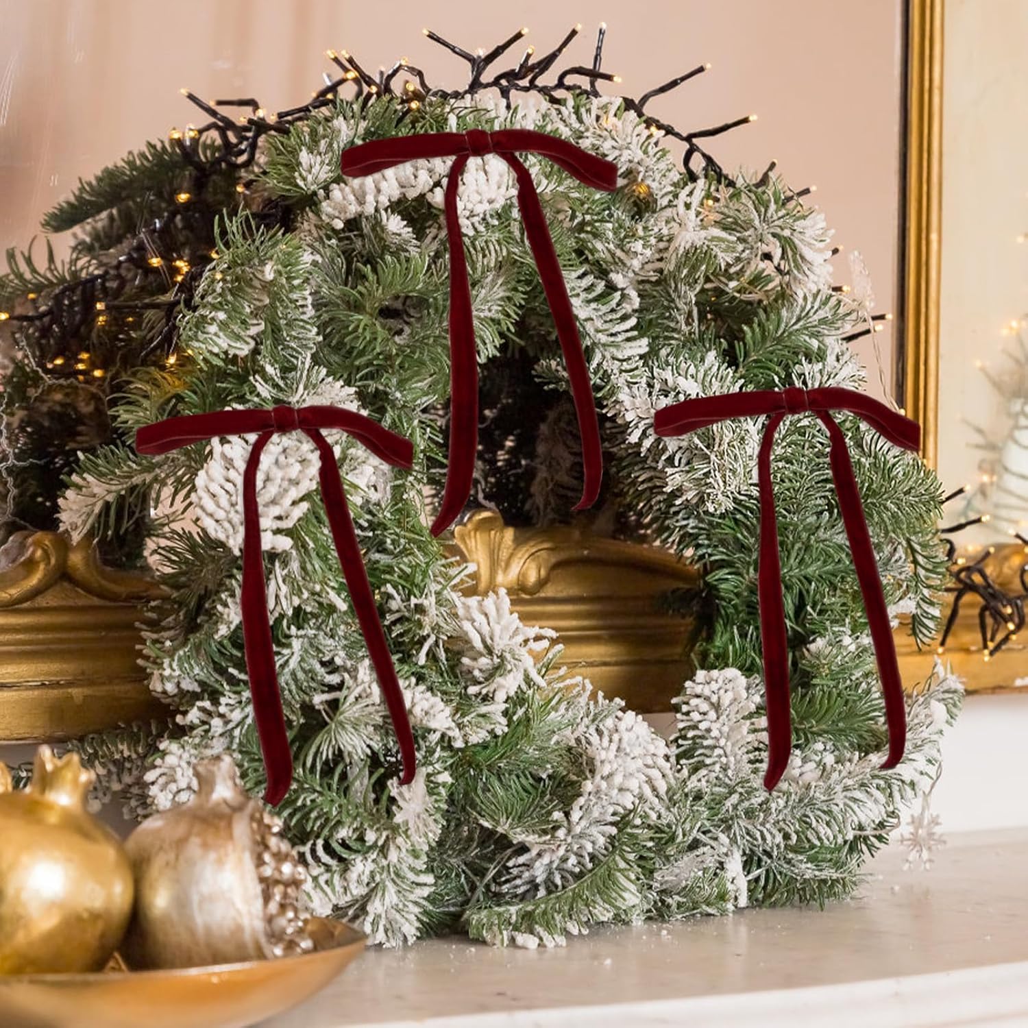 24 Pcs Red Vintage Velvet Christmas Bows Ornaments - Luxury Velvet Ribbon Bows for Christmas Tree Decor, Xmas Home Decoration (Burgundy)