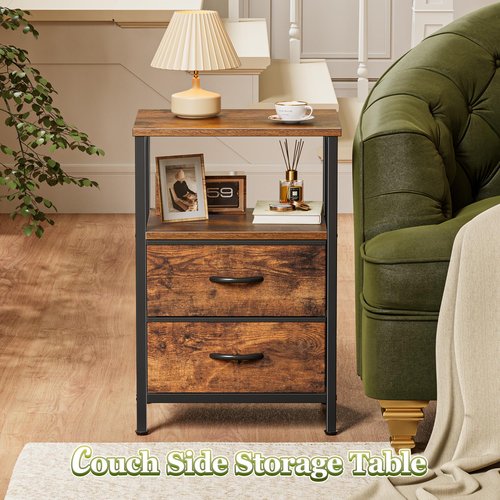 Huuger Night Stand Set of 2, Nightstand with 2 Drawers, Bed Side Table with Open Shelf, Wooden Top, End Table, Fabric Drawer, for Bedroom, Rustic Brown