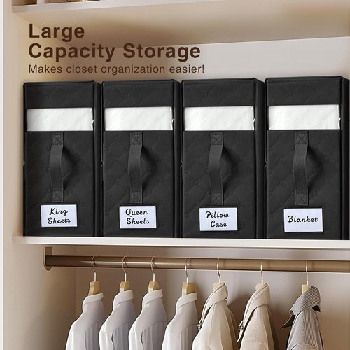 Homsorout Bed Sheet Organizer - Foldable Storage with Window & Label | XL Black Bedding Storage, 6 Pack