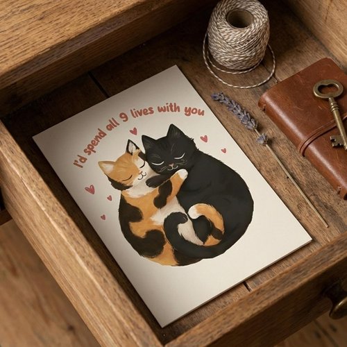 LINHARA Valentines Cat Love Card, 5x7 Inches Valentine Cards With Envelopes, I'd Spend All 9 Lives With You, Valentine Day Card, Valentines Gifts For Her, Cards For Wife, Gift For Husband, LGBTQ+ Gift