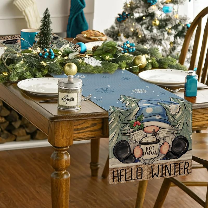 Winter Blue Gnome Table Runner 13" x 90" – Pine Tree Snowflake Hot Cocoa – Variation: Winter Blue Gnome+Table Runner