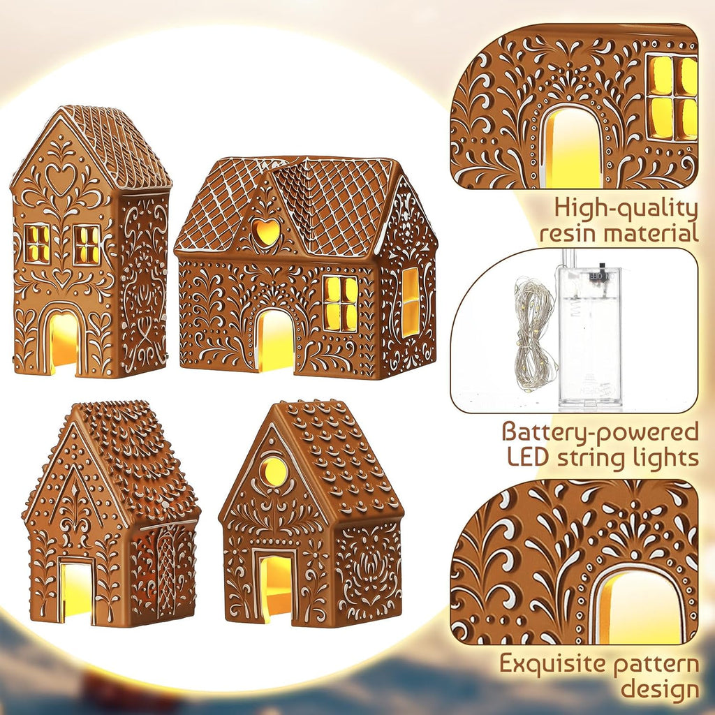 Thyle Christmas Gingerbread House Decoration Set - 4 Pcs LED Resin Village Figurines for Holiday Decor