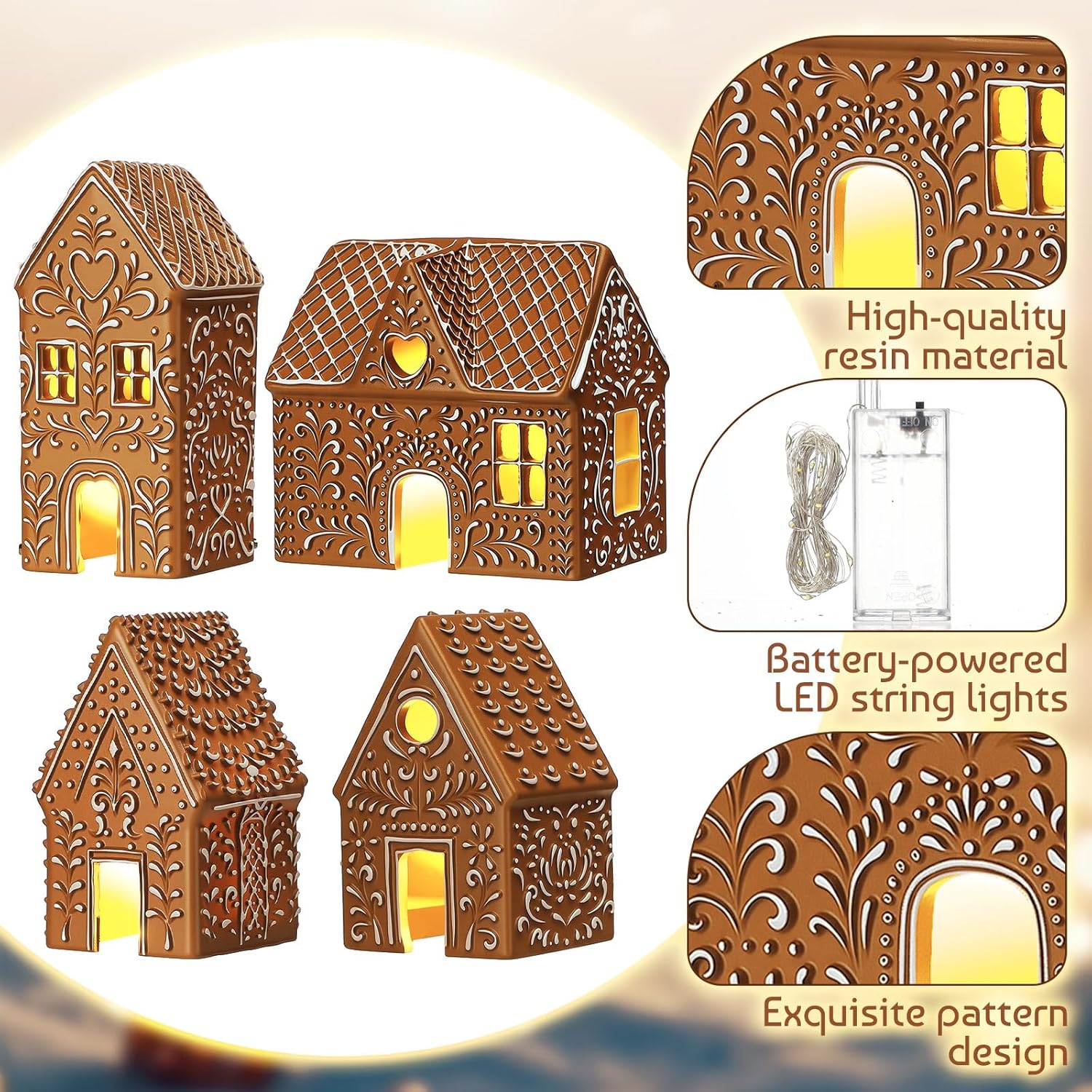 Thyle Christmas Gingerbread House Decoration Set - 4 Pcs LED Resin Village Figurines for Holiday Decor
