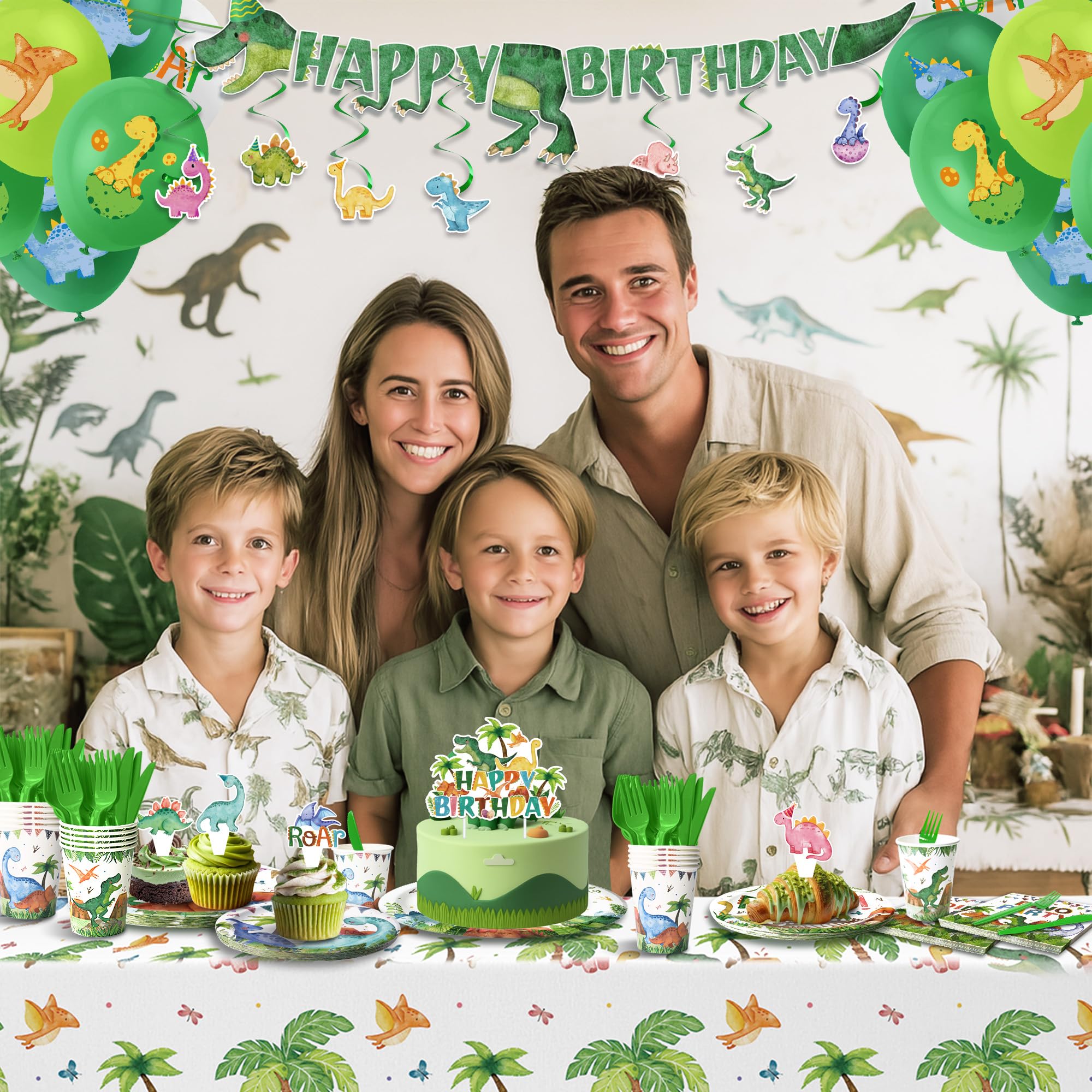 189 Pcs Dinosaur Birthday Party Supplies Set - Serves 24, Dino Decorations Kit with Banner, Balloons, Swirls, Cake Toppers, Tableware & Tablecloth