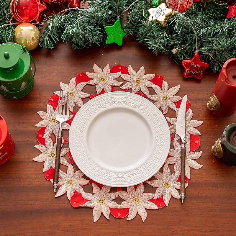 Red Christmas Placemats Set of 4 with Poinsettia Embroidery - 14inch Round, Gold Trim