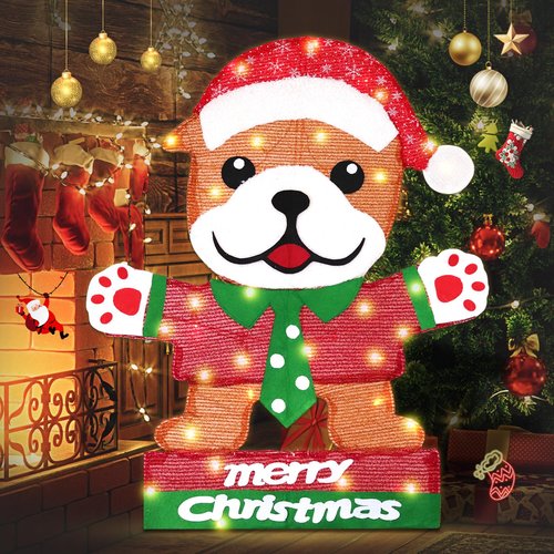 Domkom Lighted Bulldog Christmas Decoration, 30 Inch Pre-Lit Cute Dog with Christmas Hat 45 LED Warm Lights for Home Indoor Outdoor Yard Holiday Decor