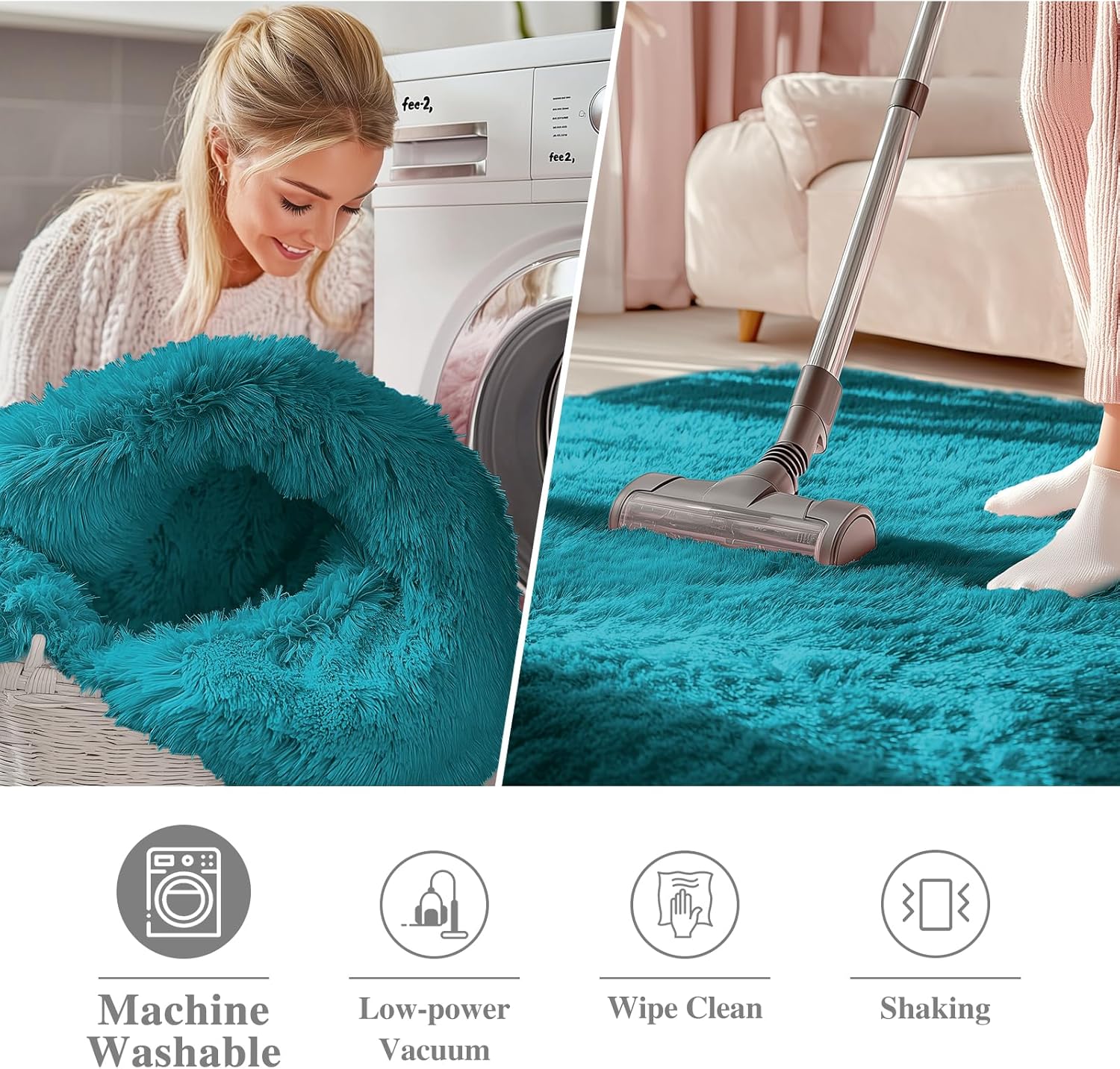 OLANLY Teal Round Area Rug - Soft, Fluffy, Machine Washable 5 ft Circle Carpet for Bedroom & Living Room
