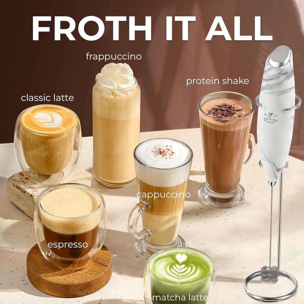 Zulay Kitchen Tornado Triple Whisk Milk Frother - Handheld Foam Maker for Coffee & Lattes - Includes 4 Duracell Batteries - Marble Finish