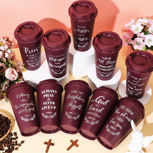 Skylety 40 Pack Easter Christian Gifts for Men Women 16oz Reusable Bible Verse Tumbler Bulk Plastic Coffee Cup with Lid Inspirational Religious Church Gift for Mother Father Birthday (Burgundy)