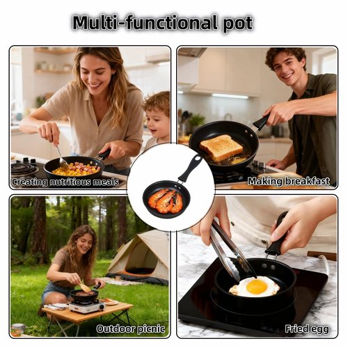 4.7 Inch Mini Frying Pan, Black Non-Stick Egg Pan with Hanging Hole, Flat Bottom Design for Gas, Induction, Electric Stove, Perfect for Single Serve Breakfast, Omelets & Camping, RV Use (Black)