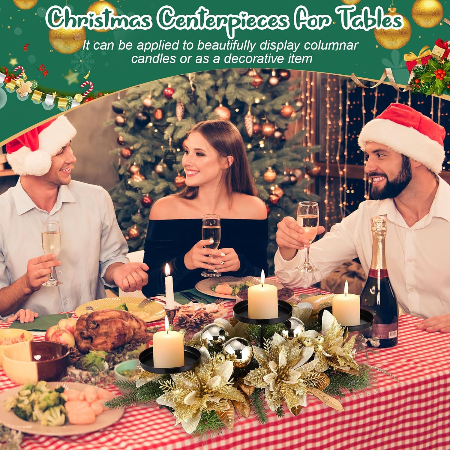 Regine Switzerland Christmas Table Centerpiece - 3 Candle Holders with Gold Poinsettia & Pinecones | Festive Ornaments for Holiday Decor