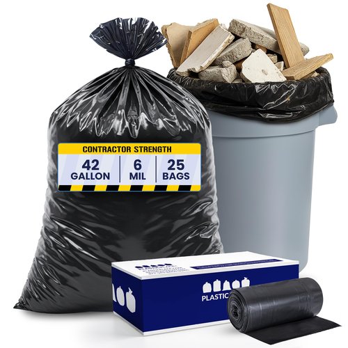 Plasticplace Contractor Trash Bags 42 Gallon │ 6.0 Mil │ Black Heavy Duty Garbage Bag │ 33” x 48” (25 Count)