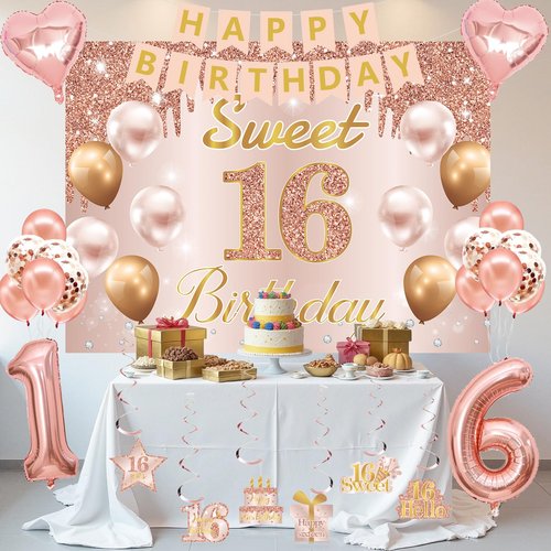 Sweet 16 Party Decorations, Sweet 16th Birthday Crown and Sash Pink Rose Gold Sixteen Cake Topper Banner Backdrop Balloons Hanging Swirls for Girls Happy 16 Years Old Party Supplies