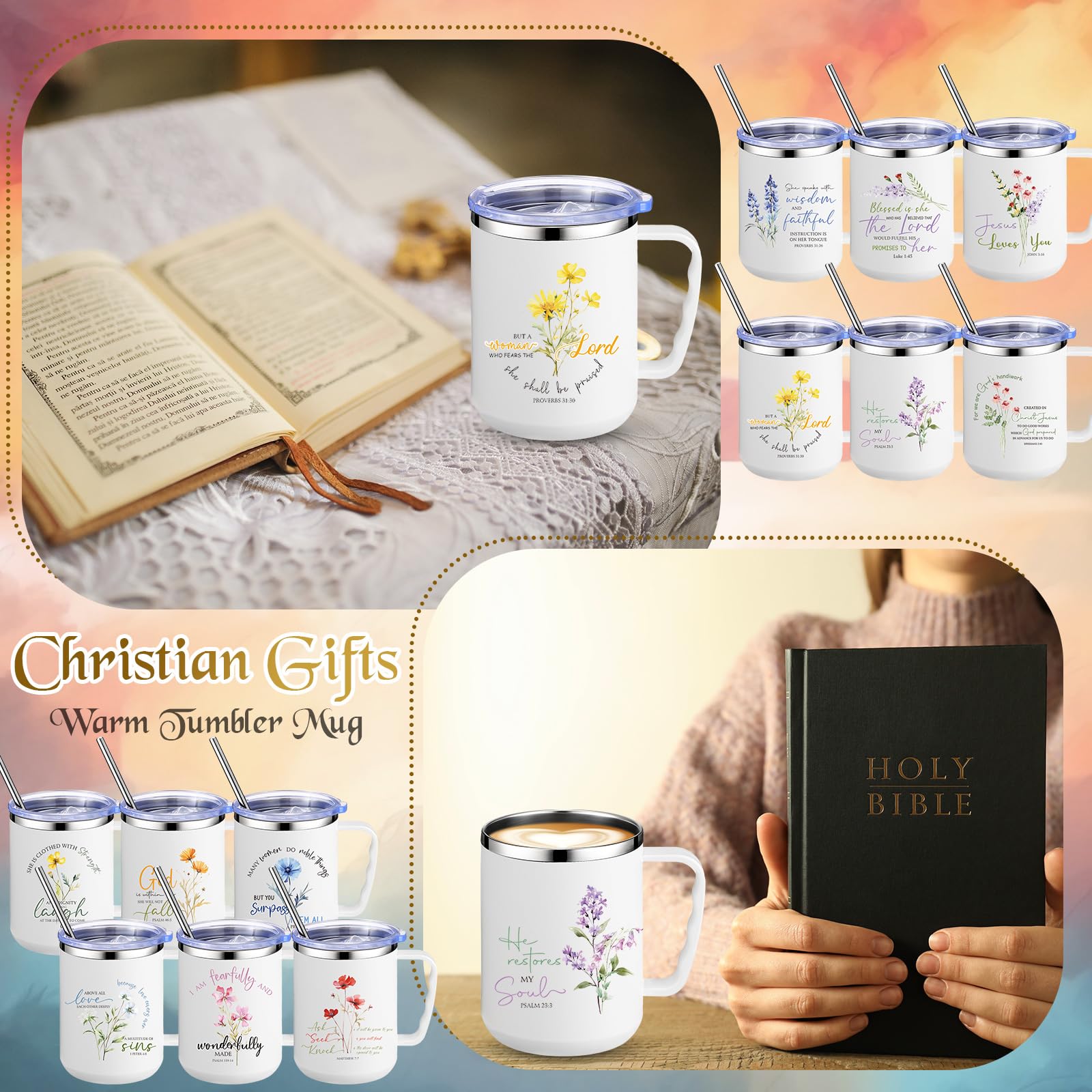 Nitial 12 Pcs 17 oz Christian Coffee Mugs with Lid and Straw Religious Bible Verse Christian Gifts Insulated Inspirational Bible Affirmations Tumbler for Women Friend Men (White,Flower)