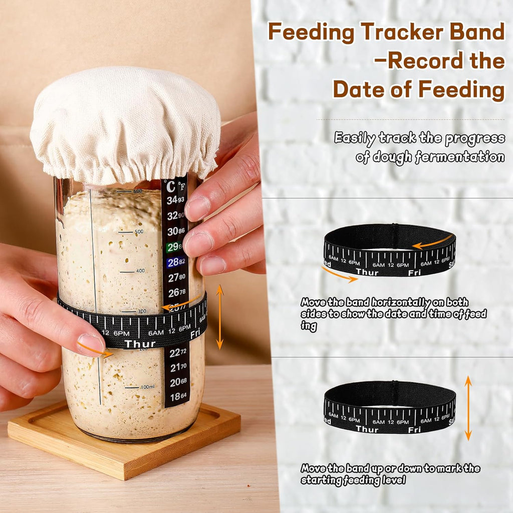 Skiennix Sourdough Starter Kit - 24 oz Glass Jar with Date Marked Feeding Band & Accessories