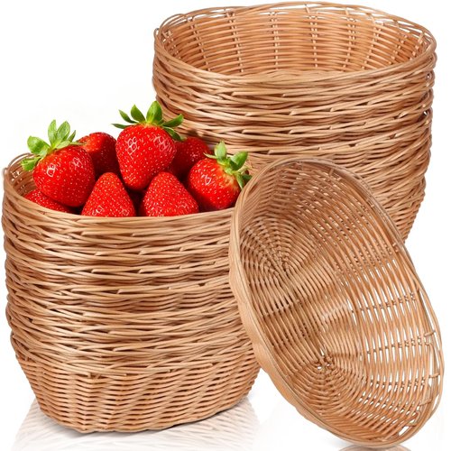 20 Pack Oval Poly Wicker Baskets — 9.1 x 6 x 2.6 Inch Wicker Bread Baskets, Small Size Gift Baskets for Kitchen, Restaurant, Fruit Storage, and Food Display