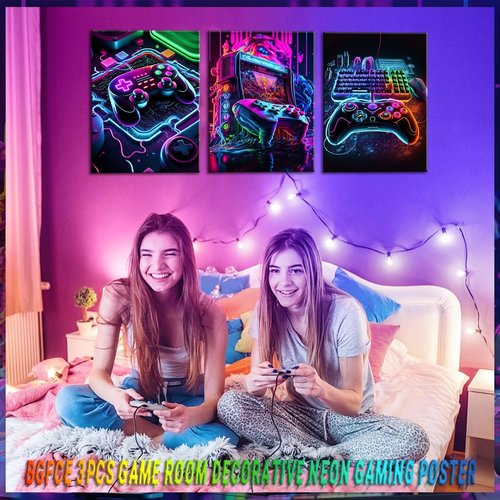 BGFCE Game Room Decor - Set of 3 Neon Gaming Canvas Wall Art for Boys' Bedrooms | 12x16 Inch Unframed