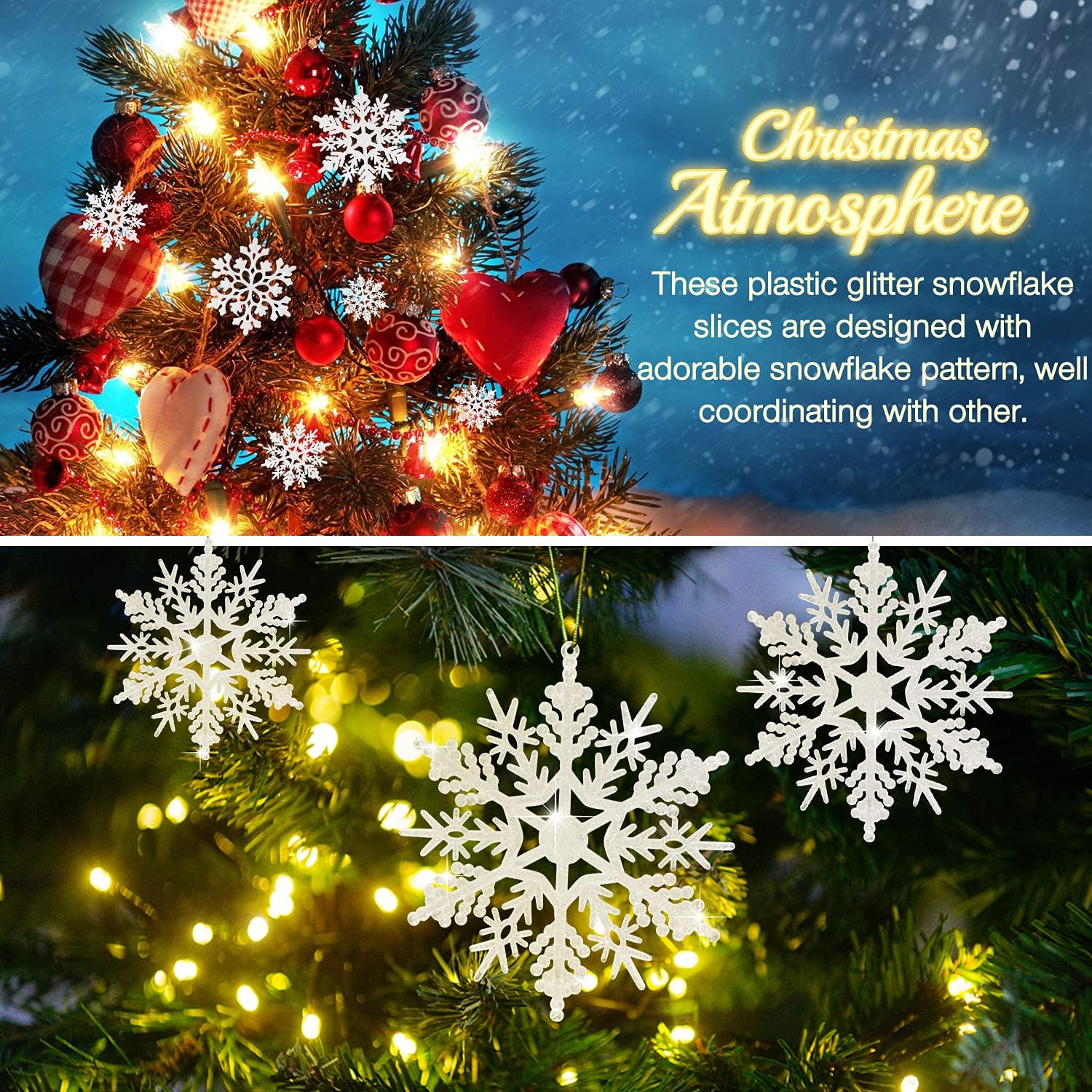Skiennix White Glitter Snowflake Ornaments - 46 Pcs Assorted Sizes for Winter Wonderland Decor