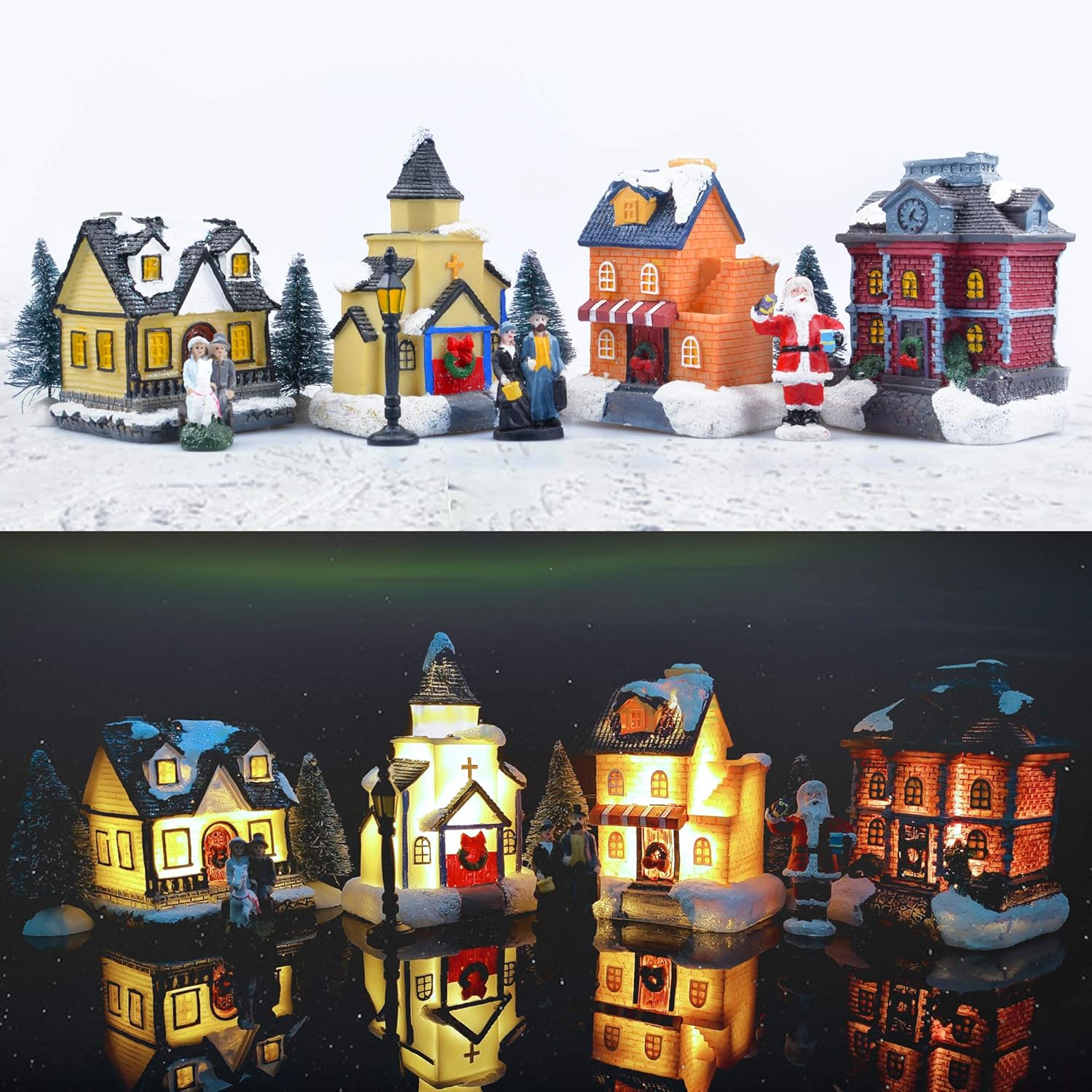 Skiennix Christmas Village Set | LED Lighted Houses with Figurines | Collectible Indoor Decor