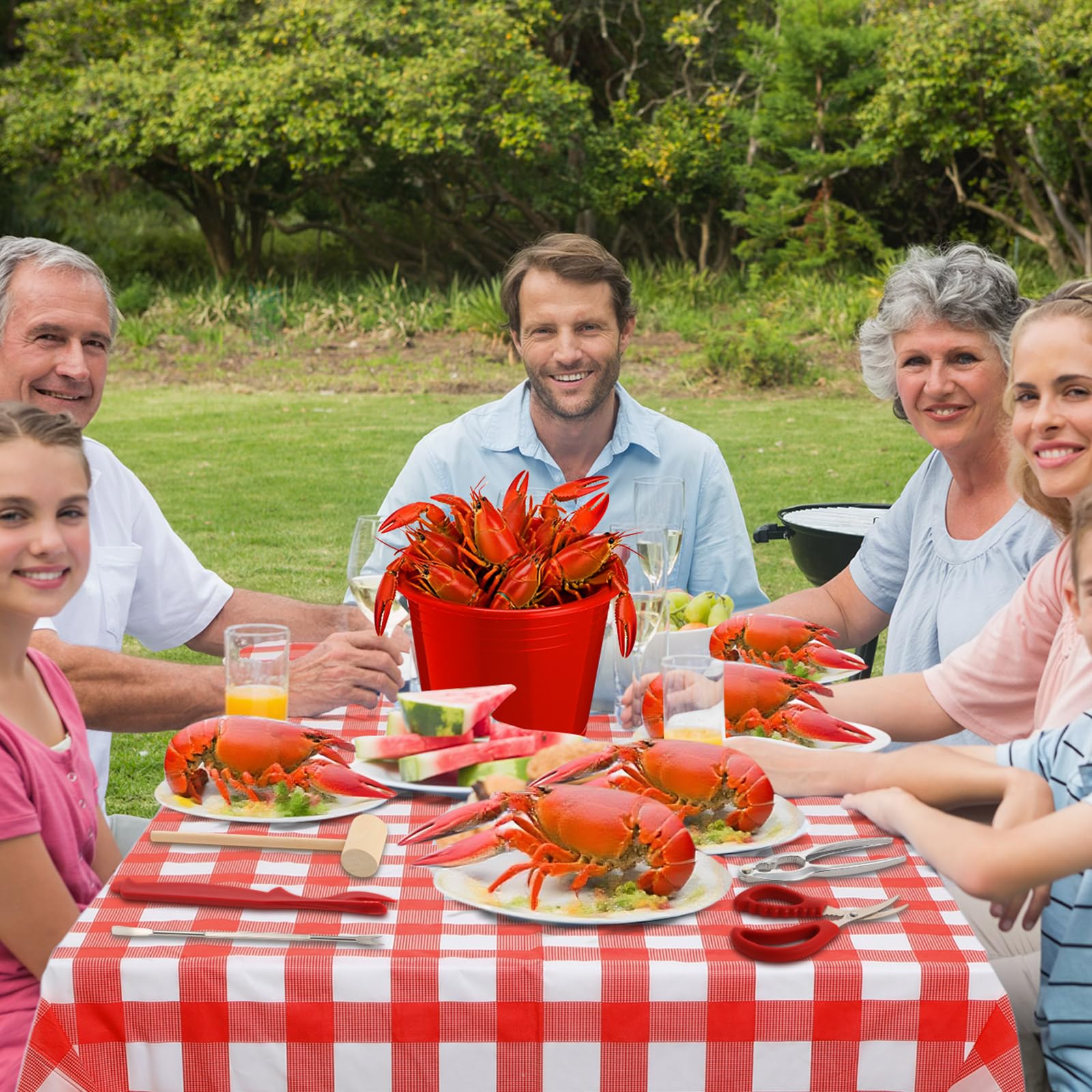 SmoothNovelty 21 Pcs Seafood Tools Set Seafood Boil Party Supplies, Tablecloth Crab Crackers Scissors Lobster Sheller Hammer Shellfish Fork Cracker Plastic Bucket for Lobster Crawfish Food Party