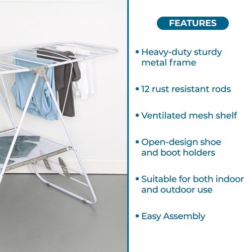 Honey-Can-Do Heavy-Duty Foldable Laundry Drying Rack – Portable Shoes & Clothes Rack for Indoor & Outdoor Use, Space-Saving Design, Easy to Fold Gullwing Design, Sturdy Metal, 50lb. Capacity, White