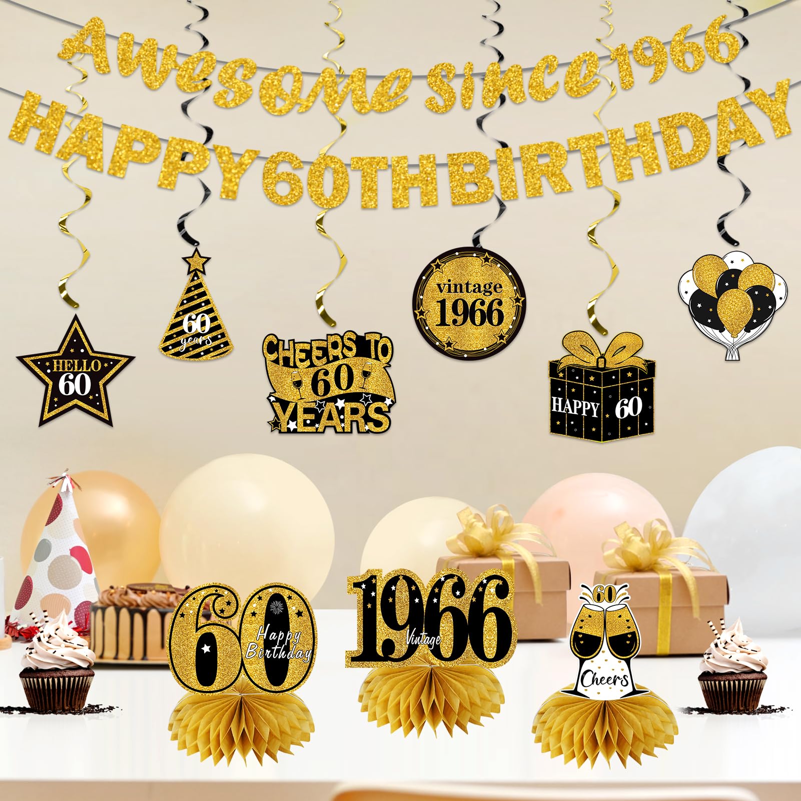 Kuxriox 11Pcs 60th Birthday Decorations Kit for Men Women, Black Gold Happy 60th Birthday Banner, Awesome Since 1966 Centerpieces Swirls Party Supplies, Sixty Bday Banner Ceiling Table Topper Sign