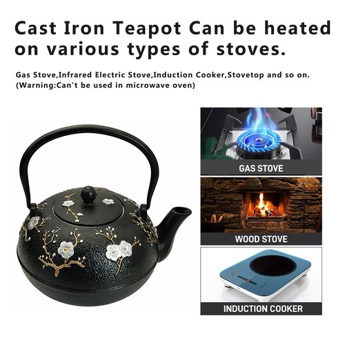 YJX 60.9oz Large Cast Iron Teapot for Stovetop, Japanese Tetsubin, Heavy and Durable Tea Pot, Tea Kettle with Stainless Steel Infuser for Loose Tea, Floral Pattern(1800ML)