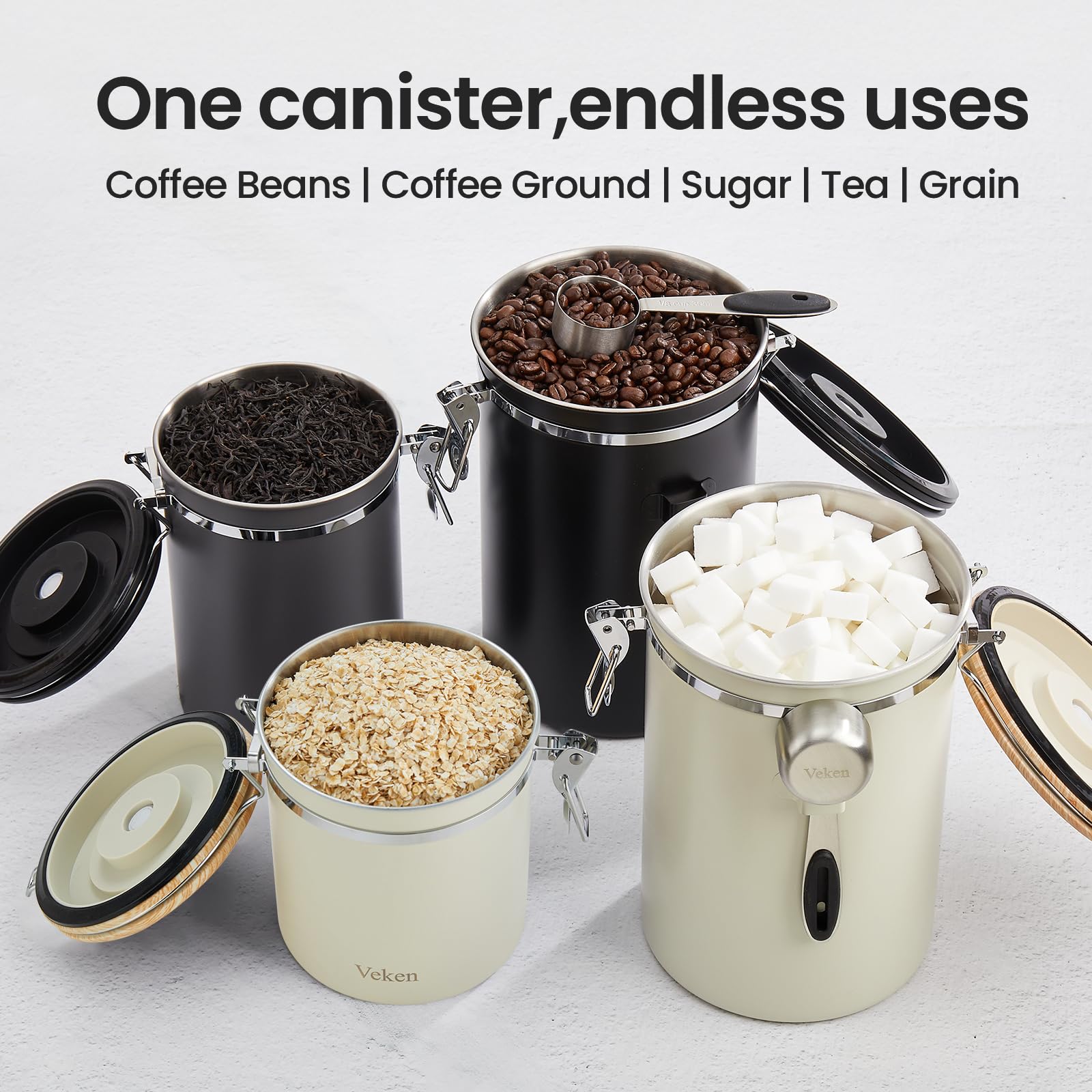 Veken Coffee Canister, Airtight Stainless Steel Kitchen Food Storage Container with Date Tracker and Scoop for Beans, Grounds, Tea, Flour, Cereal, Sugar, Cookie, 16OZ, Cream