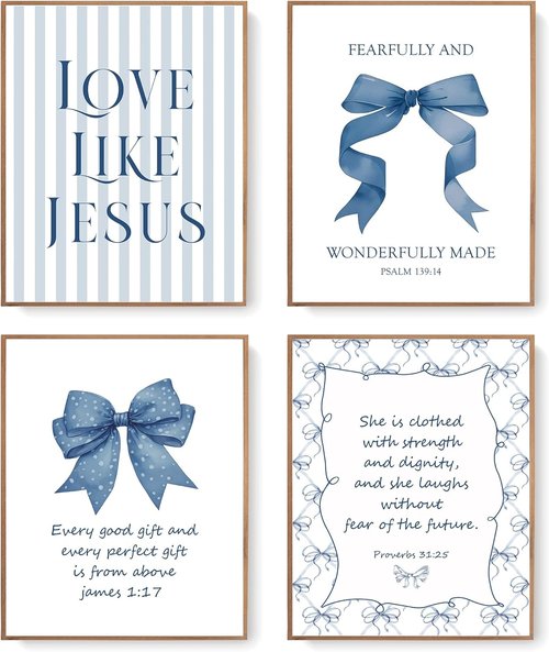 LARTSFRO Coquette Navy Blue Bow Wall Art - Inspirational Christian Decor for Teen Girls | Set of 4 Unframed 10x8 Inch Posters