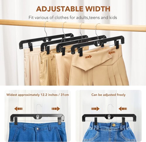 HOUSE DAY Black Pants Hangers - 12 Pack Plastic Clip Hangers with 360° Swivel Hook | 14 Inch for Skirts & Jeans