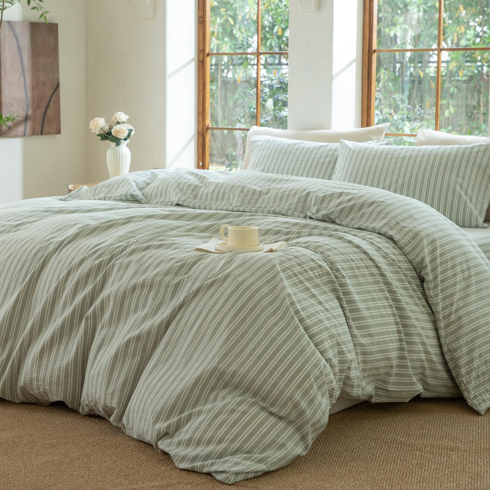 BESTDESIL Sage Green and White Striped Duvet Cover,100% Washed Cotton Breathable and Linen Like Bedding Set(Strip-Sage Green/White,Full)