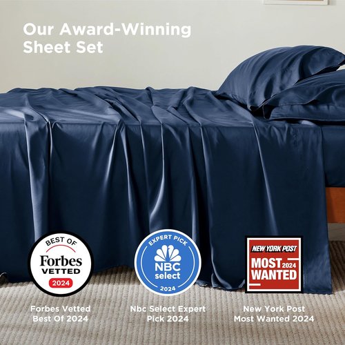 Bedsure Cooling California King Sheet Set - Breathable Rayon from Bamboo, Soft & Luxurious, Deep Pocket Up to 16 Inches, Navy