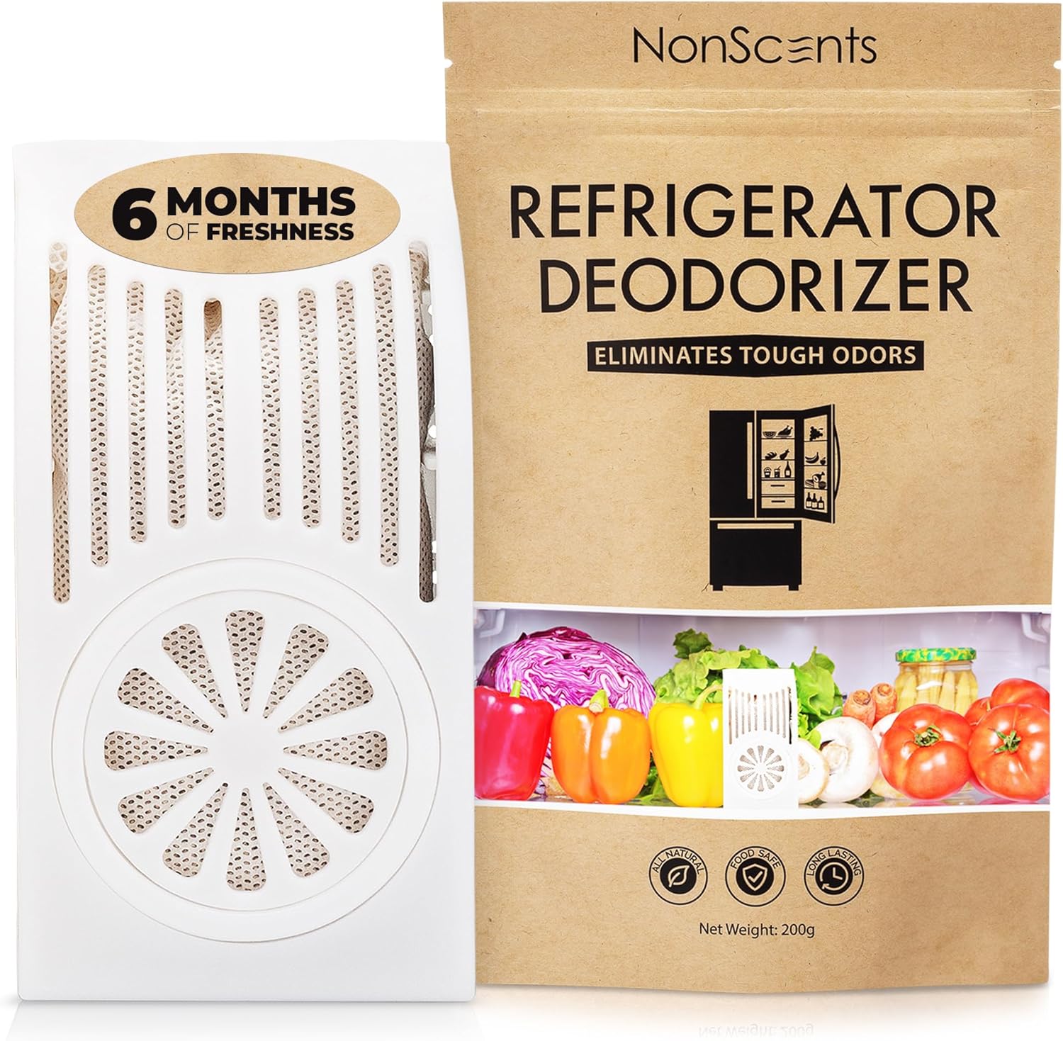 NonScents Refrigerator Deodorizer - Long-Lasting Odor Eliminator with Activated Charcoal | Unscented Freshness