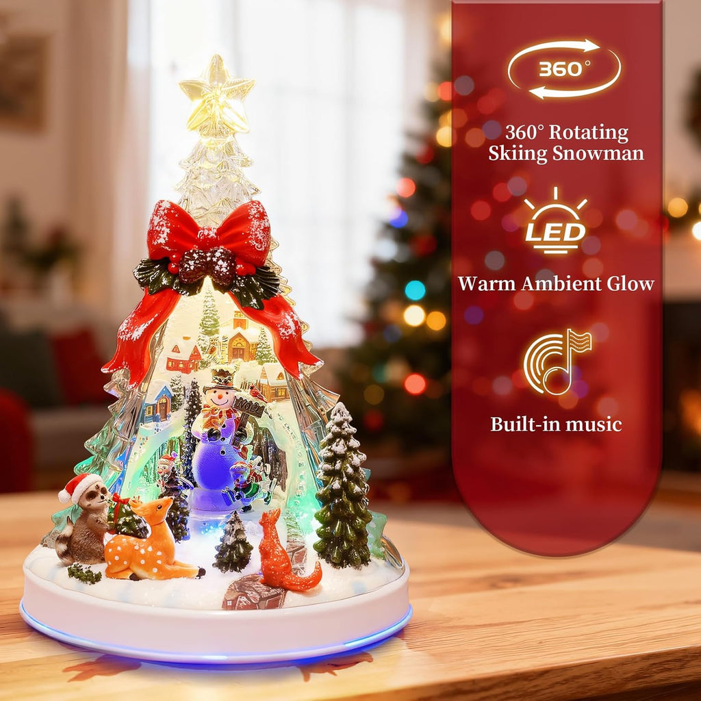 Skiennix 12.8" Animated Christmas Village Crystal Tree - Rotating Skiing Snowman, Lights & 8 Melodies