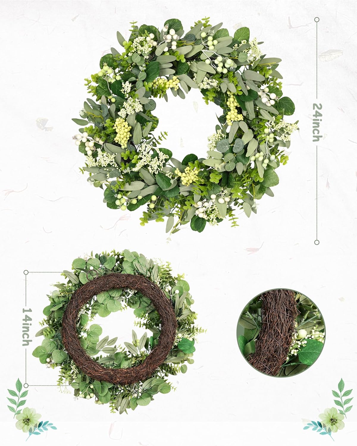 Vlorart Artificial Green Eucalyptus Leaf Wreath - 24-26 Inch Summer & Christmas Decor for Front Door