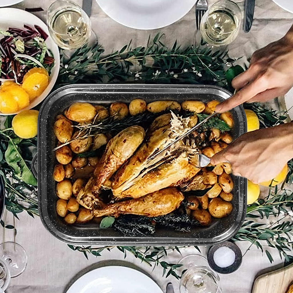 JY COOKMENT Roasting Pan With Lid and Rack, 21' Rectangular, 25lb Turkey Roaster Pot, Large Oven Roaster Tray, V-Rack and Versatile Lid Bone Turkey Baster