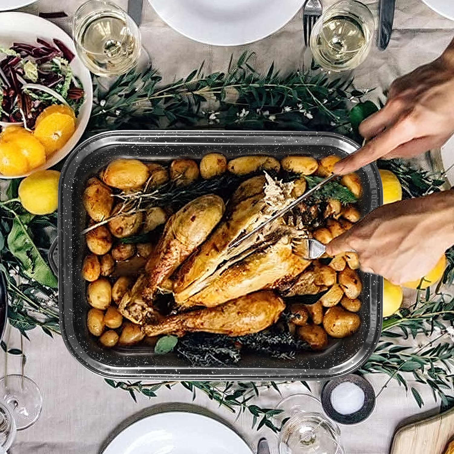 JY COOKMENT Roasting Pan With Lid and Rack, 21' Rectangular, 25lb Turkey Roaster Pot, Large Oven Roaster Tray, V-Rack and Versatile Lid Bone Turkey Baster