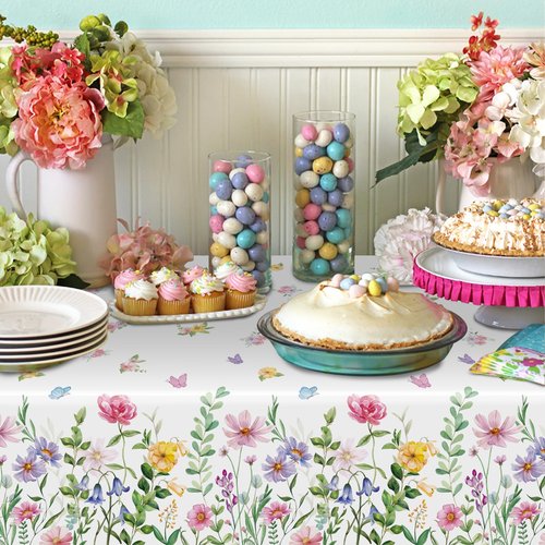 3-Piece 54 x 108 Inch Floral Spring Plastic Tablecloth - Colorful Disposable Rectangle Table Cover with Butterfly and Flower Design for Dining, Garden Parties, Baby Showers, and Outdoor Decorations