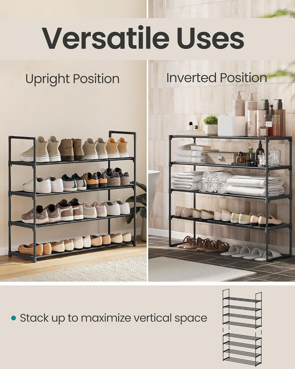 SONGMICS 4-Tier Shoe Rack - Stackable Metal Organizer for 20-25 Pairs | Black, 11.8 x 36.2 x 29.1 Inches
